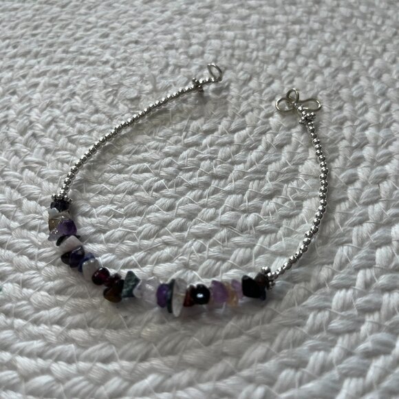 Natural MIXED GEMSTONE CHIPS Handmade Silver Beaded Bracelet Size 8 3/4" #815D - Picture 1 of 3